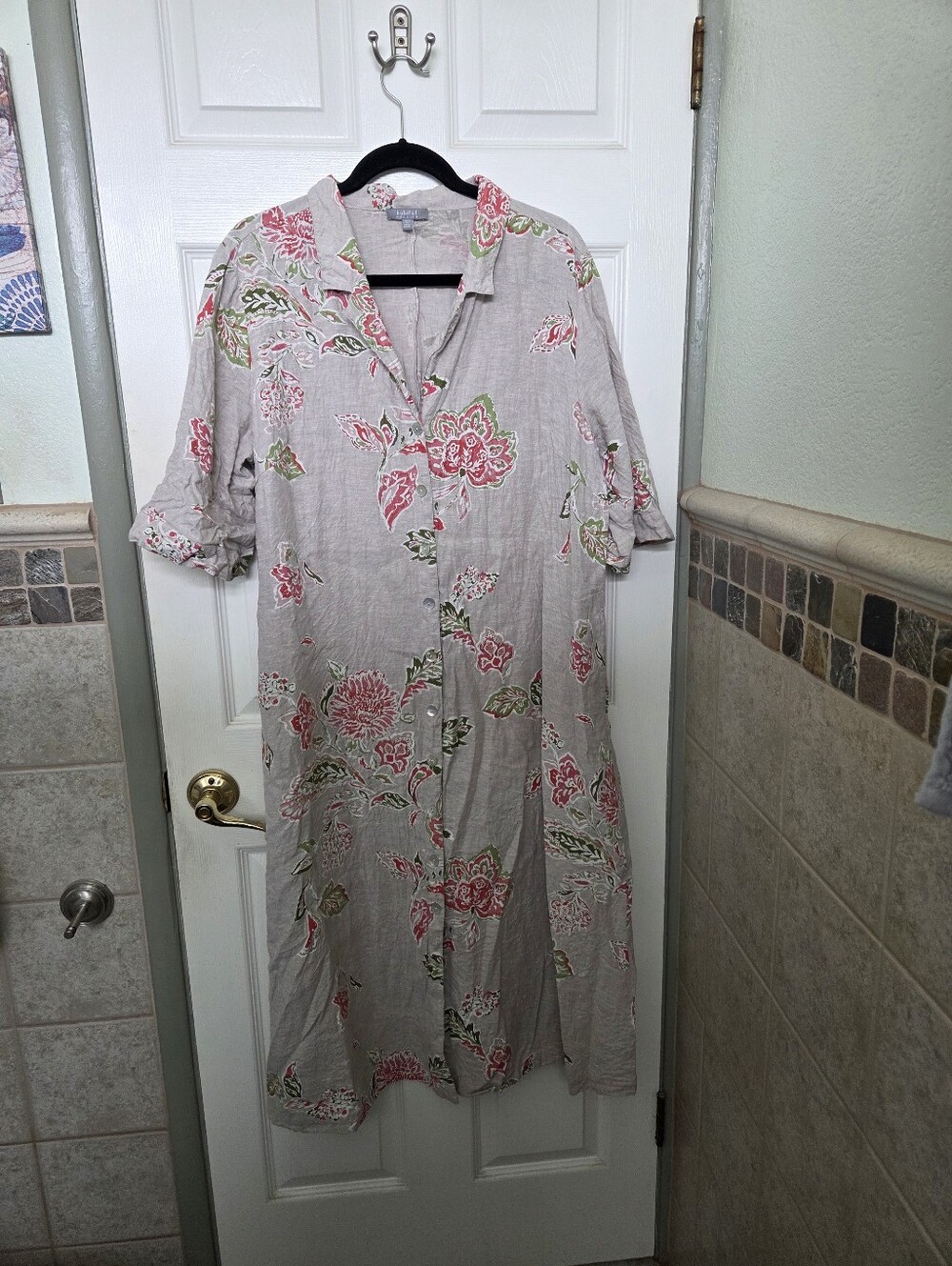 Habitat Beige Linen Cotton Floral Button-Front Midi Dress with Pink Accents XL - Picture 3 of 8